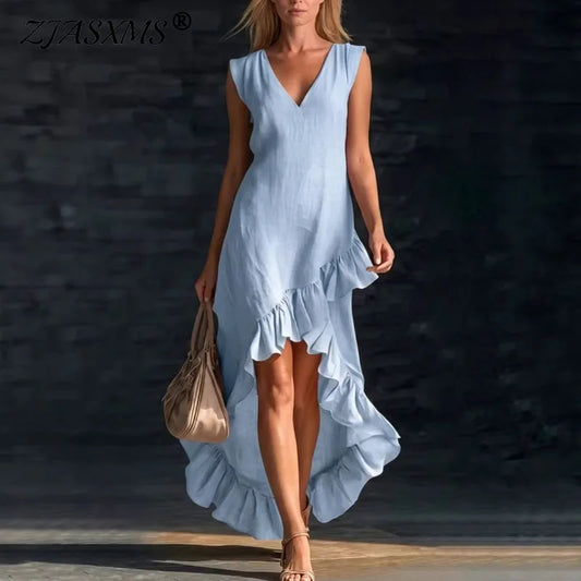 Summer Hot Casual Sleeveless Ruffle Bohemian Dress Women Sexy V Neck Solid Irregular Long Dress Spring Elegant Loose Party Dress
