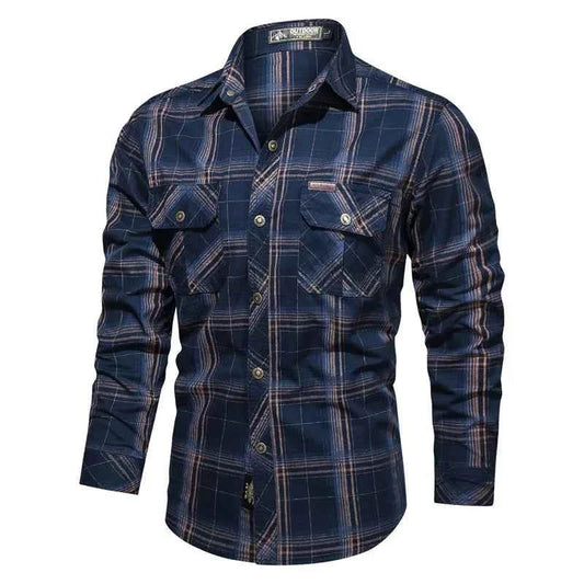 Men Plaid Casual Shirts Male Military Outdoor Loose Multi-pockets Tooling Shirts High Quality Man Large Long-sleeved Shirts 5XL