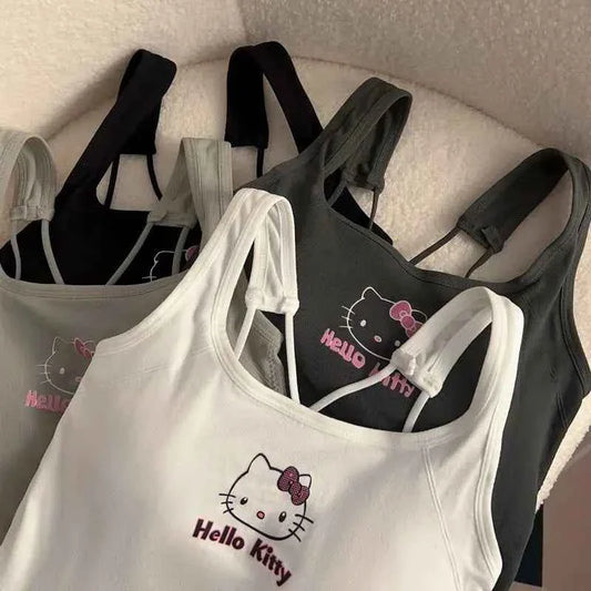 Summer Cute Girly Style HelloKitty Printed Suspender Vest with Chest Pad Slim Pinch Waist Versatile Vintage Top