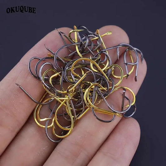 High-Carbon Barbed Fishhooks – 50pcs, Sizes 1–13#, Black & Golden, Carp & Sea Fishing