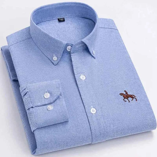 S~7XL 100% Pure Cotton Men's Long Sleeve Oxford Spinning Shirt Business Leisure Embroidery Pocket Slim Fit Button Style Soft Med