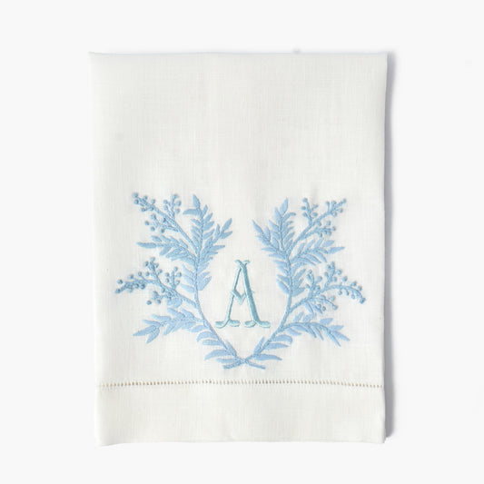 White & Blue Garland Embroidered Linen Hand Towel