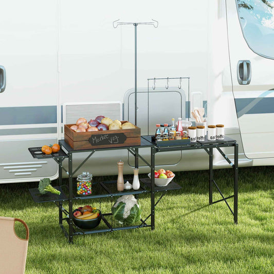 Folding Camp Kitchen Cooking Station with Lamp Stand, Shelves & Utensil Hooks