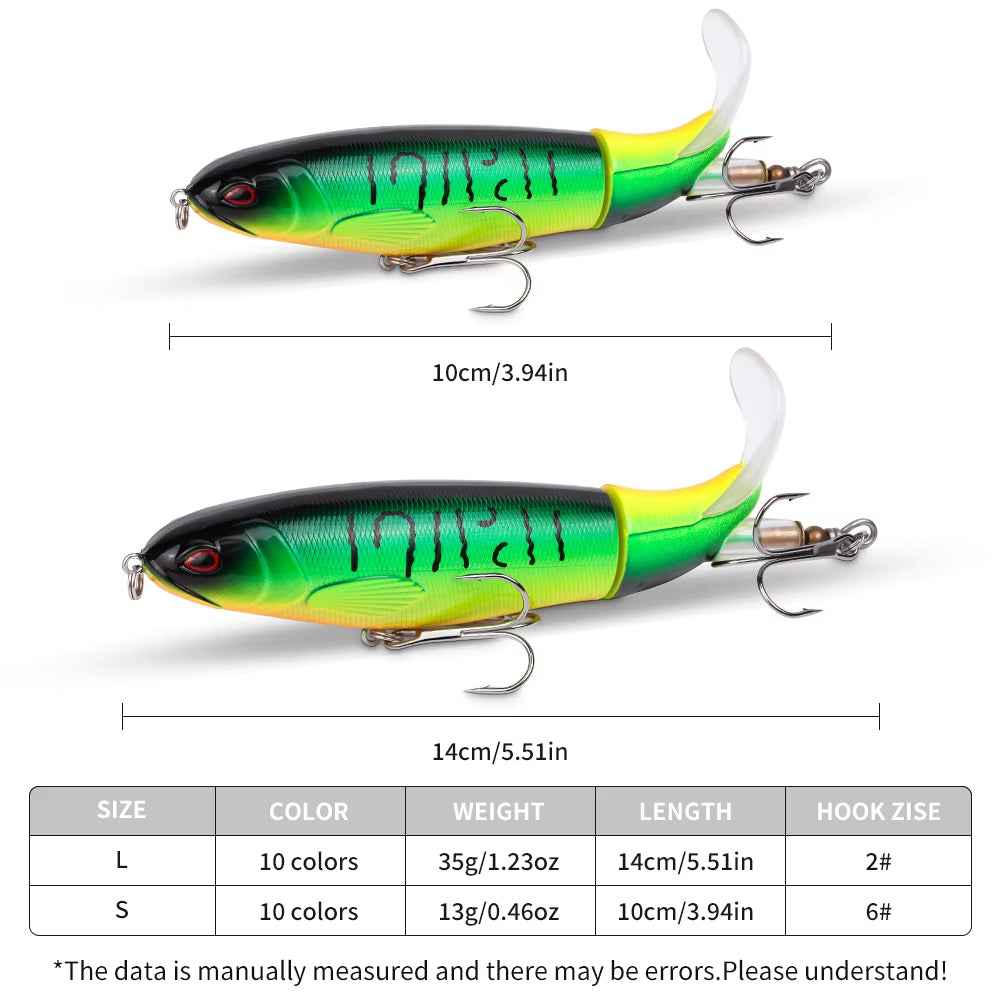 10-Piece Topwater Pencil Lure Set – Swiveling Propeller Tail, 14cm/35g, 10 Colors