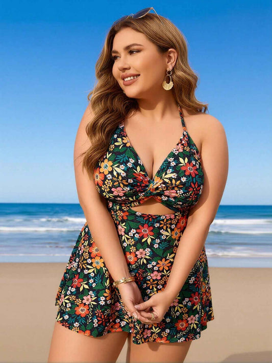 Women's Plus Size Vintage Floral Halter Twist Swimdress