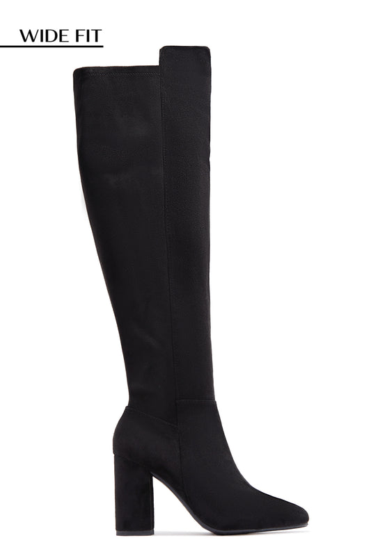 Colette Wide Fit Block Heel Boots - Black Suede