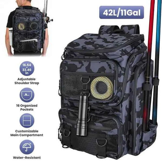 42L Fishing Tackle Backpack with Rod Holders – 16 Pockets, Divider, Water-Resistant, Camo