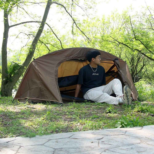 Single-Person Tactical Boat-Style Camping Tent – Waterproof Foldable Hiking Tent | Coffee & Olive Green