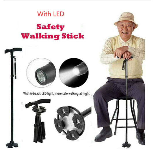Folding Walking Cane with LED Flashlight – 5 Adjustable Heights, 360° Anti-Slip Base for Hiking & Travel