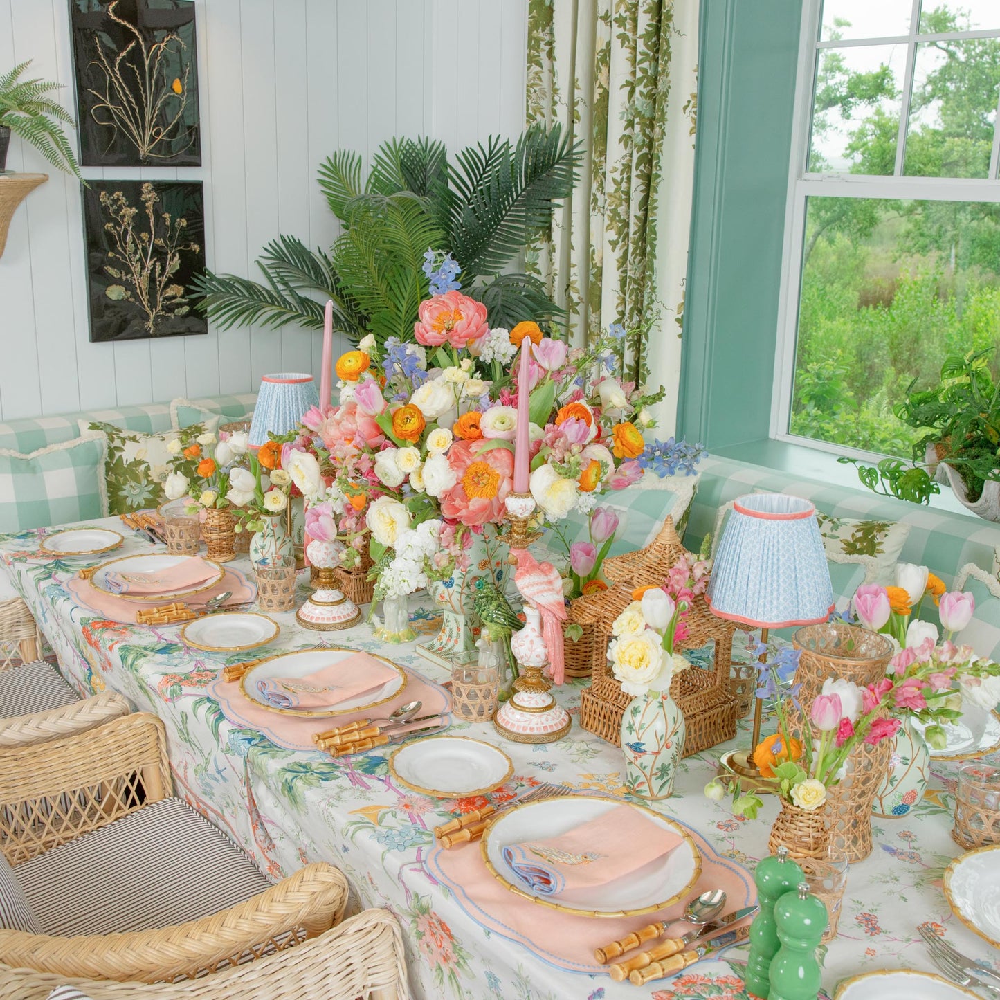 Eloise Coral & Blue Linen Placemats & Parrot Napkins (Set of 4)