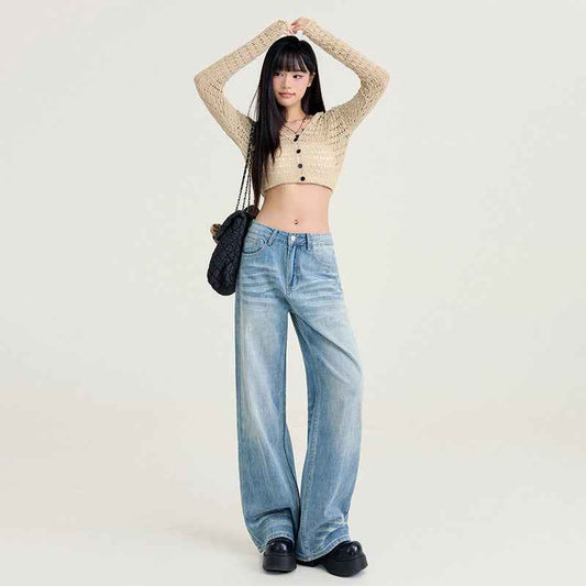 Women's High-Waist Wide-Leg Washed Jeans – Casual Denim Pants
