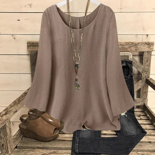 Women's Relaxed Crew-Neck Pullover Top with Patchwork Detail – 5 Colors