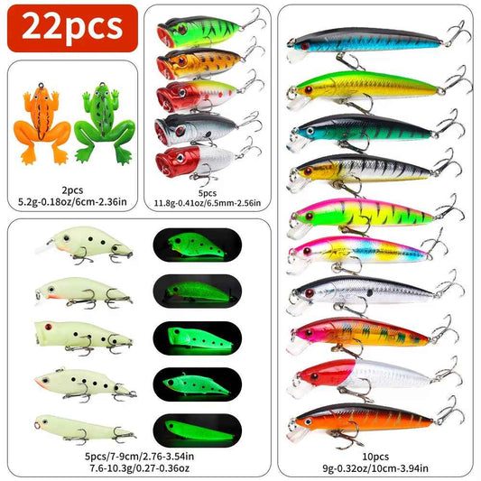 22-Piece Hard Fishing Lure Kit – Topwater & Midwater, Minnow, Popper, VIB, Pencil