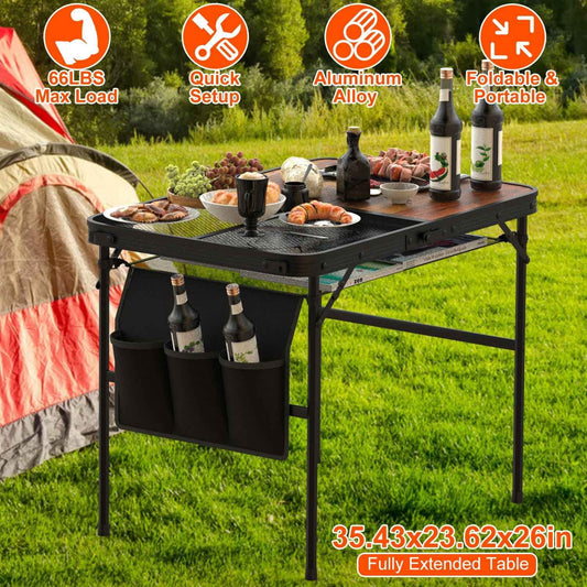 Adjustable Height Folding Camping Table with Hanging Storage Net – 66 lb. Capacity