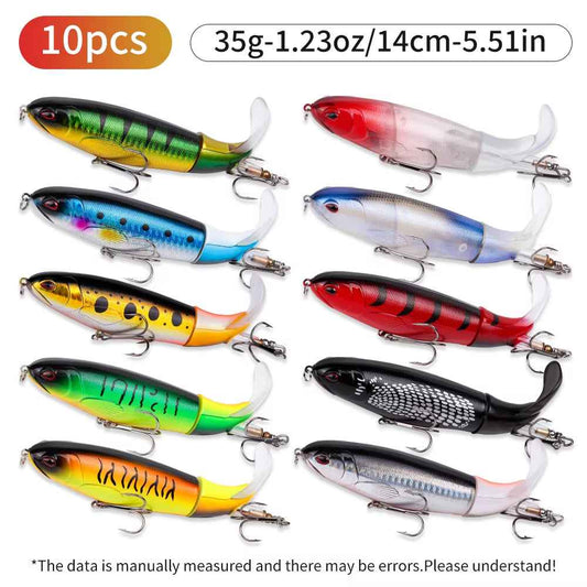 10-Piece Topwater Pencil Lure Set – Swiveling Propeller Tail, 14cm/35g, 10 Colors
