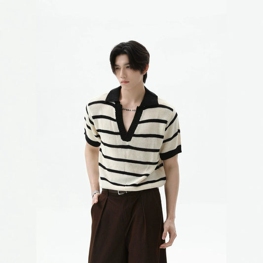 Men's Striped Color-Block V-Neck Knit Short-Sleeve T-Shirt