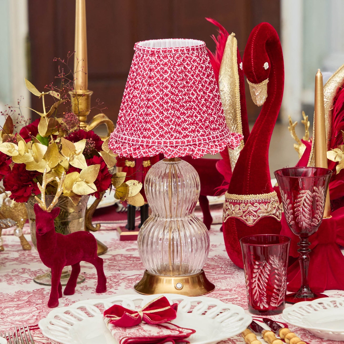 Glass Bardot Rechargeable Lamp with Red Lotus Ruffle Shade (18cm)