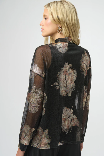 Joseph Ribkoff Black/Multi Knit Foiled V-Neck 3/4 Cuffed Sleeves Top 254029