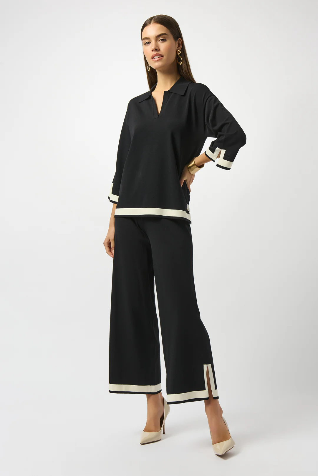 Joseph Ribkoff Black/Vanilla Color Block Collared V-Neck 3/4 Sleeves Top 253909