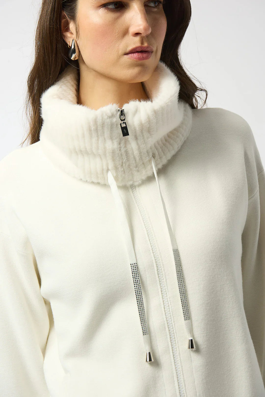 Joseph Ribkoff Sweater Knit Fur Trim Long Sleeve Jacket 253905