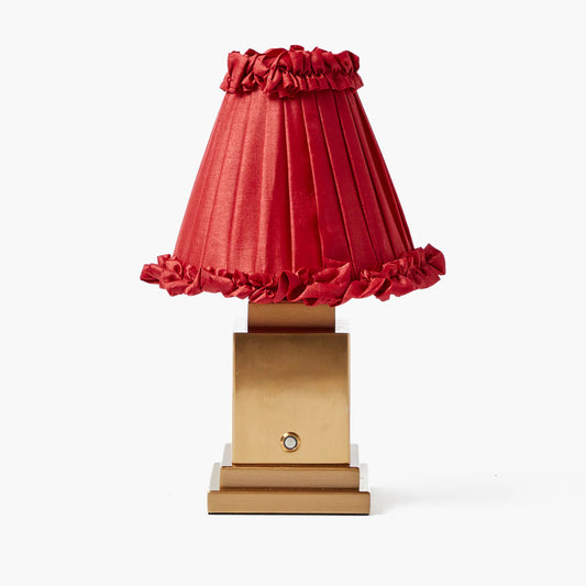 Square Rechargeable Lamp with Red Frilled Silk Shade (18cm)